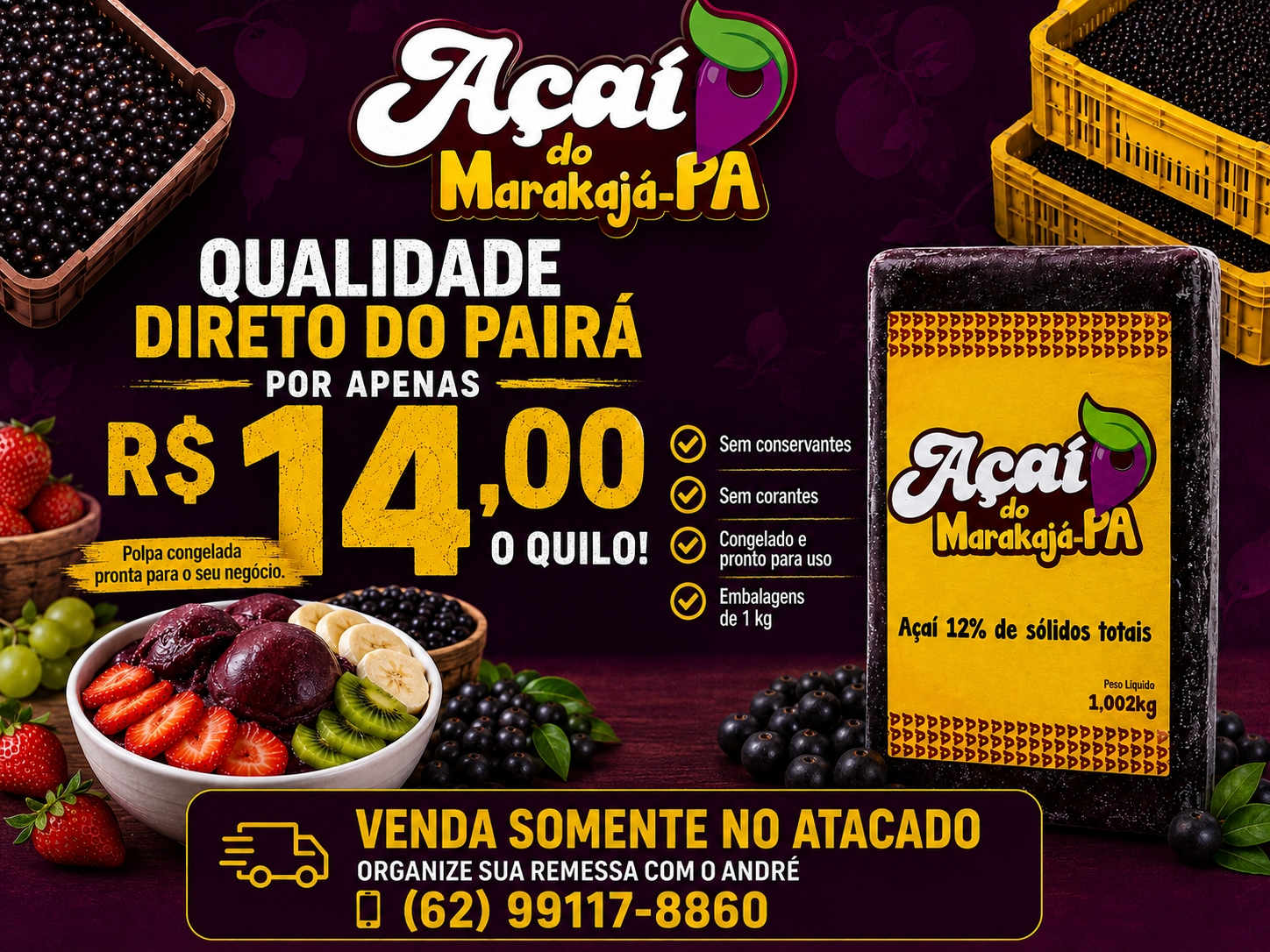 Açaí do Marakajá no atacado — qualidade direto do Pará por R$ 14,00 o quilo. Fale com o André pelo WhatsApp (62) 99117-8860